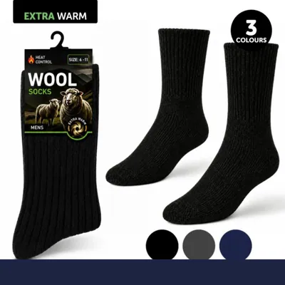 Socks Mens Heat Control Wool Blend Everyday Essential Plain Knit Crew Cut Black, Navy Blue & Grey