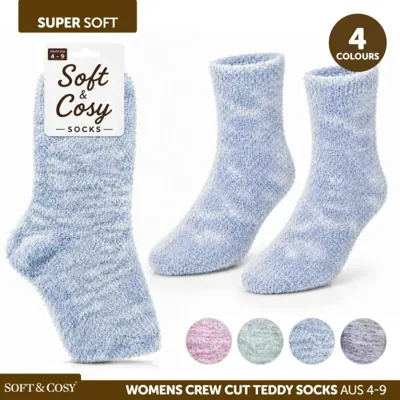 Socks Womens Teddy Brushed Thermal Crew Cut 4 Assorted Colours