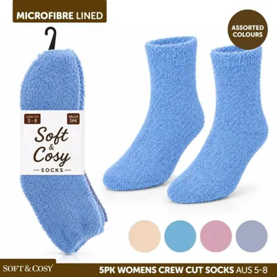 Socks Womens Microfibre Crew Cut 5pk Plain Assorted Colours