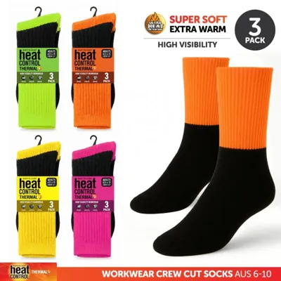 Workwear Socks Adults Heat Control Thermal Crew Cut Fluoro Cuff 3pk, 4 Assorted Colours (Orange, Green, Yellow & Pink)