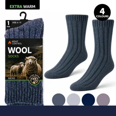 Socks Mens Heat Control Wool Blend Nordic Knit Crew Cut 4 Assorted Colours