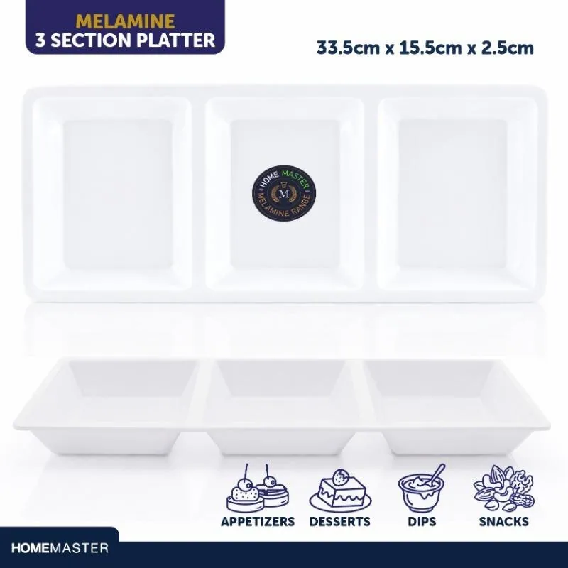 Melamine Platter Tray with 3 Section Divider Rectangular 33.5cm X 15.5cm X 2.5cm- White – image 4