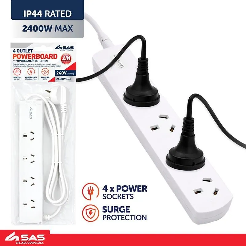 Power Board 4 Outlets 1 Metre Cord White 240V 10A Max Load 2400W – image 4