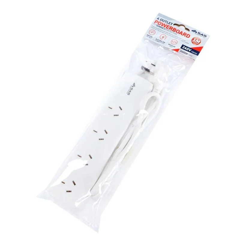Power Board 4 Outlets 1 Metre Cord White 240V 10A Max Load 2400W – image 3