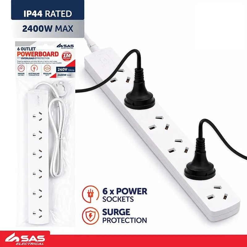 Power Board 6 Outlets with Overload Protection 1 Metre Cord White 240V 10A Max Load 2400W – image 4