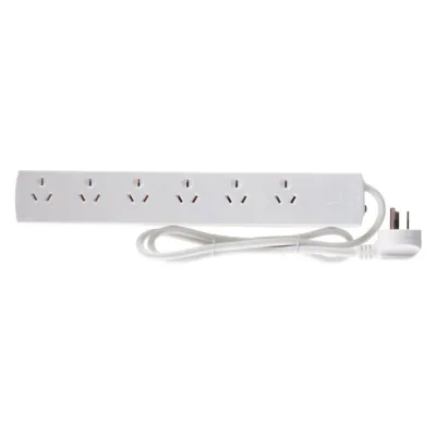 Power Board 6 Outlets with Overload Protection 1 Metre Cord White 240V 10A Max Load 2400W