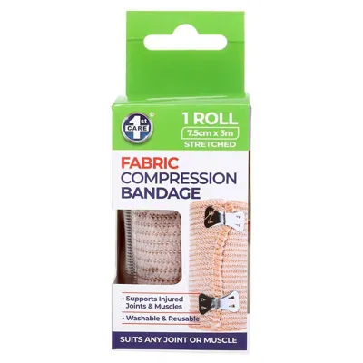 Compression Elastic Bandage Roll Includes 2 Clips 7.5cm X 1m Unstretched - Streches Up To 3m* - Fabric