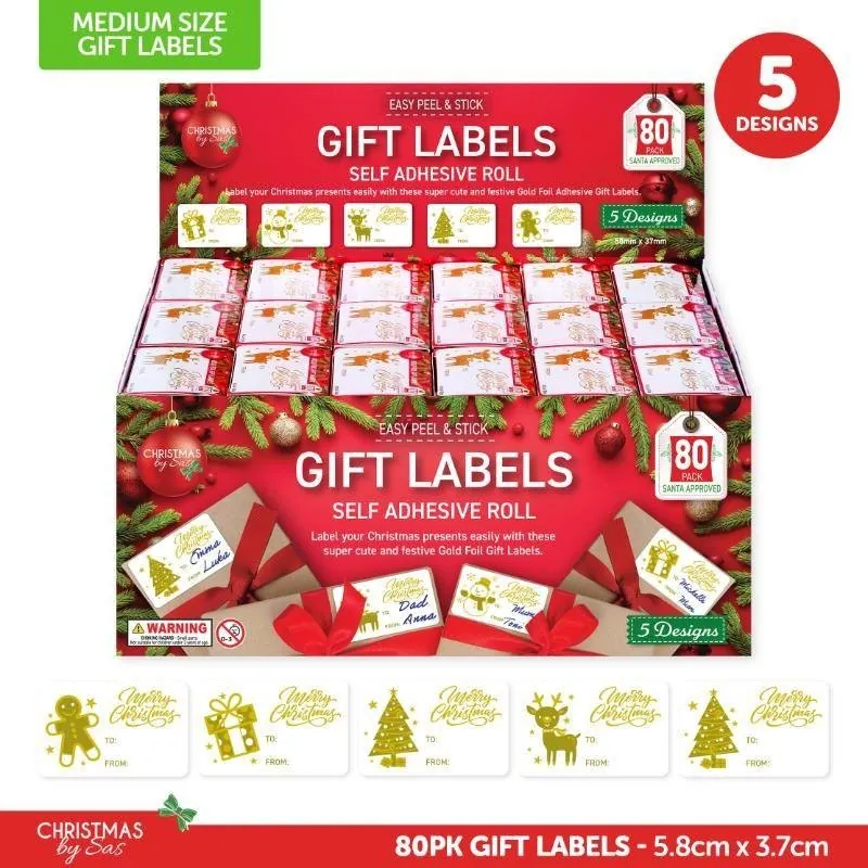 Gift Tag Adhesive Christmas 80pk 3.3cm X 5.7cm 5 Assorted Designs – image 4