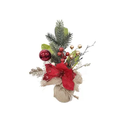 Xmas Flower Magnolia Pot w/Pine & Berries & Balls 25cm