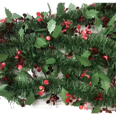 Christmas Leaf & Berry Tinsel 2m Green