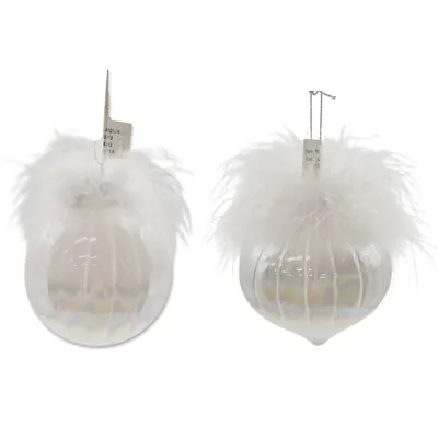 Pearl White W/feather Glass Bubble 8cm