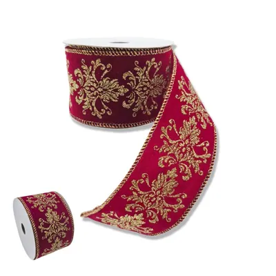Christmas Ribbon 6.3cmx5m Satin Red with Gold Pattern