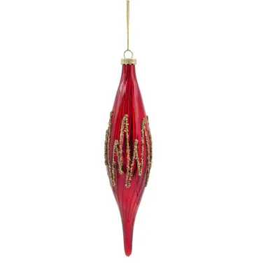 Glass Bauble Teardrop Red+Gold Glitter 5.3x23cm