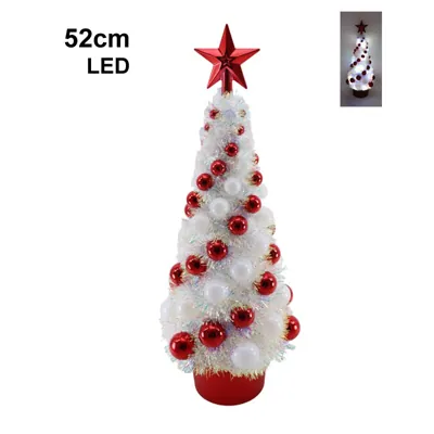 Xmas Tinsel Tree 52cm w/Balls LED Iridescent RED