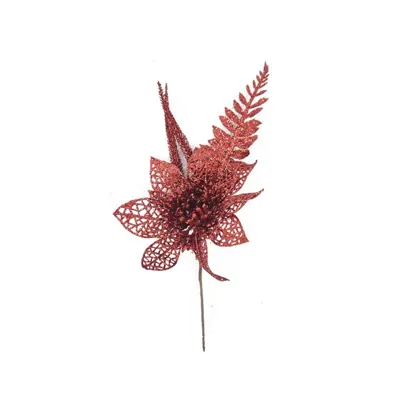Christmas Glitter Flower Pick 28x13cm Red