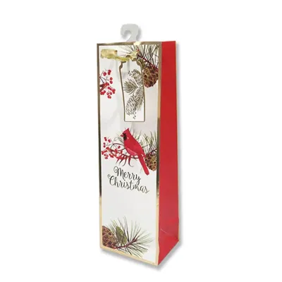 Christmas Gift Bag Bottle Hotstamp Cardinal 36x12x9cm