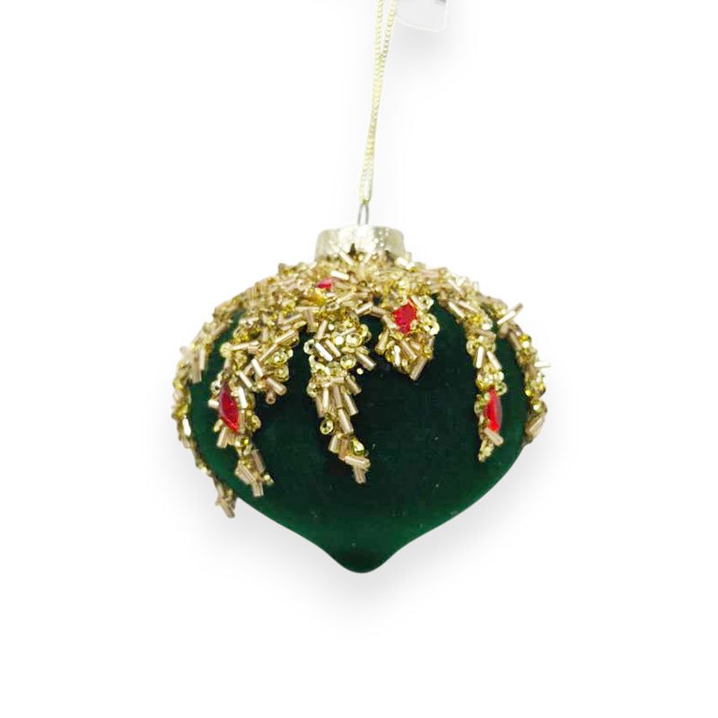 Glass Bauble Flocked Glitter Onion 8CM Green — photo 1 of 1