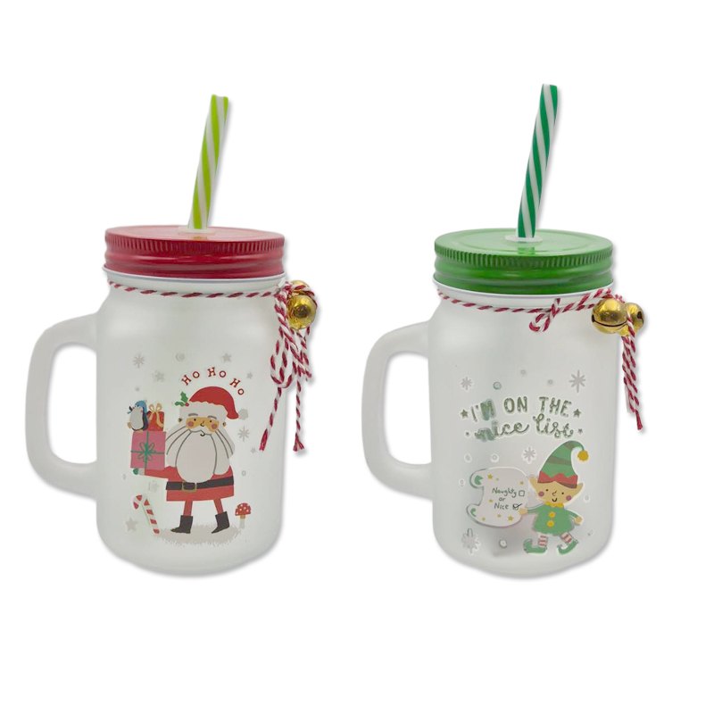 Christmas Mason Jar with Straw 450ml 7x7x13cm 2 Assorted — photo 1 of 1