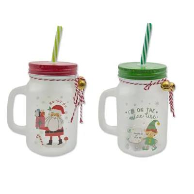 Christmas Mason Jar with Straw 450ml 7x7x13cm
