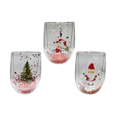 Christmas Glitter Glass Cup Double Wall 300ml 7.5cm Dia. X 11cmH