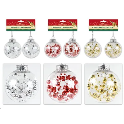 Christmas Ball Clear 2pk 60mm with Beads + String