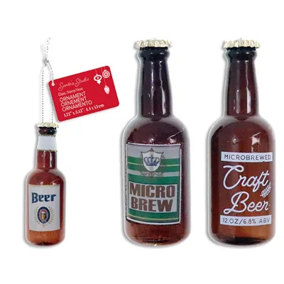 Xmas Glass Ornament Beer Bottle 13cm w/Tinsel Hanger 3